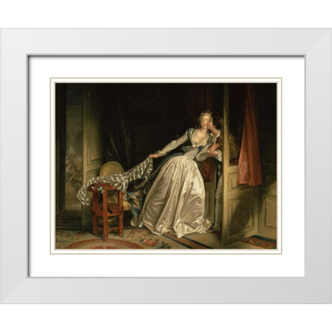 The Stolen Kiss White Modern Wood Framed Art Print with Double Matting by Fragonard, Jean-Honore