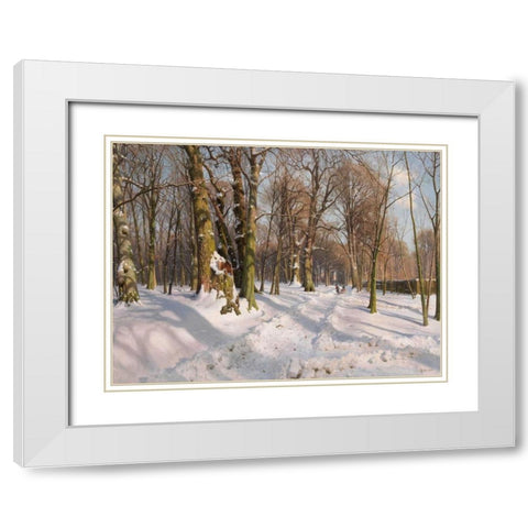 Snowy forest road in sunlight White Modern Wood Framed Art Print with Double Matting by Monsted, Peder