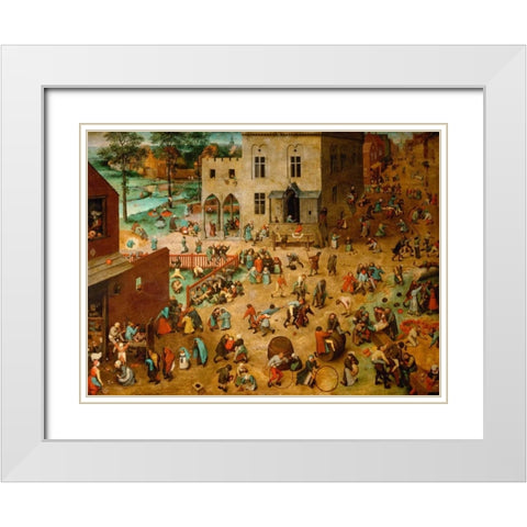 Childrenâ€™s Games White Modern Wood Framed Art Print with Double Matting by Bruegel the Elder, Pieter