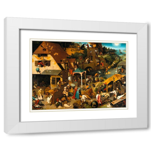 The Dutch Proverbs White Modern Wood Framed Art Print with Double Matting by Bruegel the Elder, Pieter