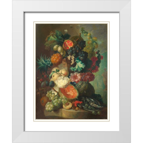 Fruit, flowers and a fish White Modern Wood Framed Art Print with Double Matting by Van Os, Jan