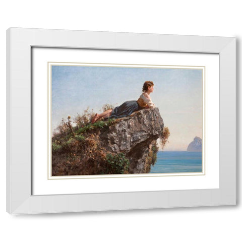 La fanciulla sulla roccia a Sorrento White Modern Wood Framed Art Print with Double Matting by Palizzi, Filippo