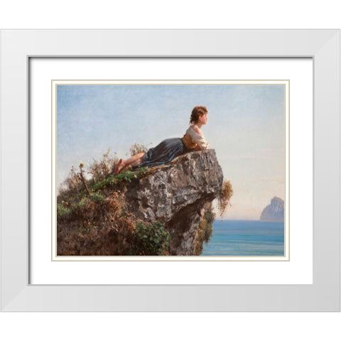La fanciulla sulla roccia a Sorrento White Modern Wood Framed Art Print with Double Matting by Palizzi, Filippo