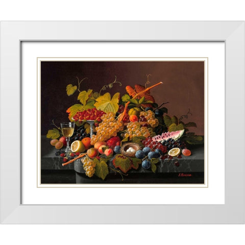 Still life with fruit and birds nest White Modern Wood Framed Art Print with Double Matting by Roesen, Severin