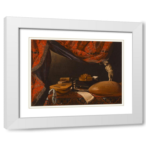 Still Life with Musical Instruments, Books and Sculpture White Modern Wood Framed Art Print with Double Matting by Evaristo, Baschenis
