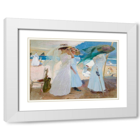 Under the Awning- Zarauz White Modern Wood Framed Art Print with Double Matting by Bastida, Joaquin Sorolla y