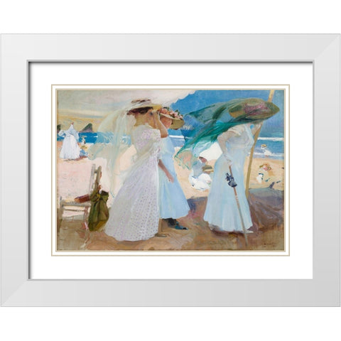 Under the Awning- Zarauz White Modern Wood Framed Art Print with Double Matting by Bastida, Joaquin Sorolla y