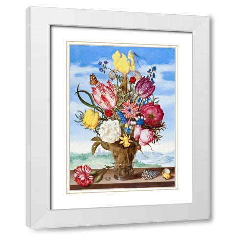 Bouquet of Flowers on a Ledge White Modern Wood Framed Art Print with Double Matting by Bosschaert, Ambrosius the Elder
