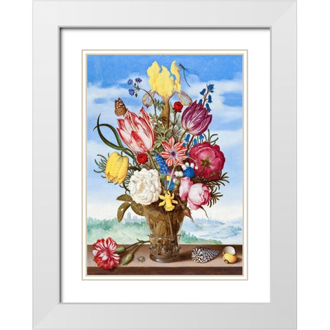 Bouquet of Flowers on a Ledge White Modern Wood Framed Art Print with Double Matting by Bosschaert, Ambrosius the Elder