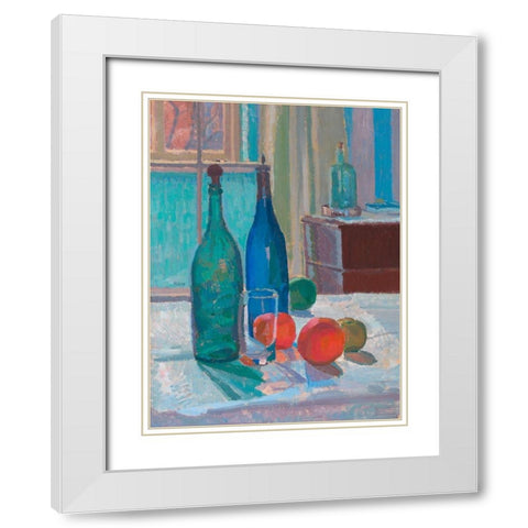 Blue and Green Bottles and Oranges White Modern Wood Framed Art Print with Double Matting by Gore, Spencer Frederick