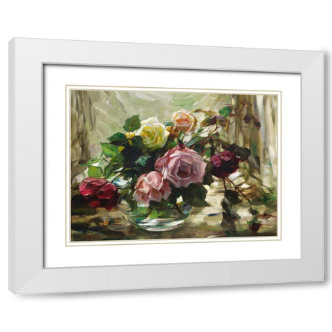 Roses on a Tablecloth White Modern Wood Framed Art Print with Double Matting by Koester, Alexander