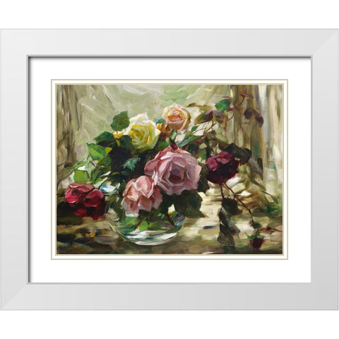 Roses on a Tablecloth White Modern Wood Framed Art Print with Double Matting by Koester, Alexander