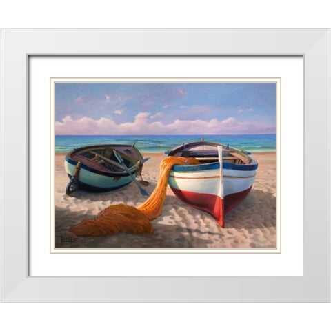 Barche sulla spiaggia White Modern Wood Framed Art Print with Double Matting by Galasso, Adriano