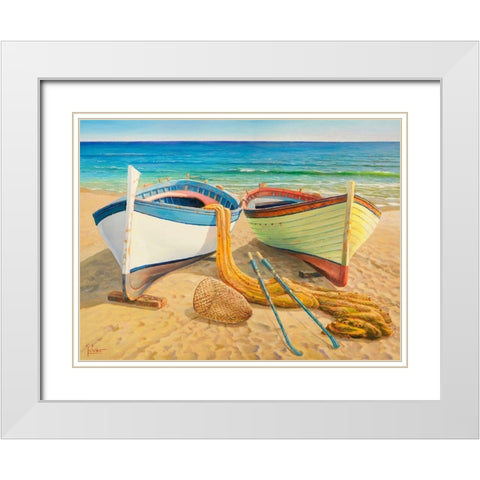 Barche sulla spiaggia White Modern Wood Framed Art Print with Double Matting by Galasso, Adriano