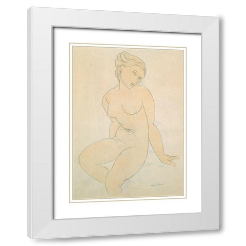 Seated Female Nude White Modern Wood Framed Art Print with Double Matting by Amedeo, Modigliani