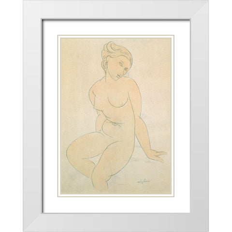 Seated Female Nude White Modern Wood Framed Art Print with Double Matting by Amedeo, Modigliani
