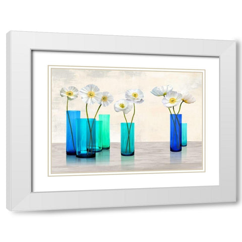 Poppies in crystal vases (Aqua palette) White Modern Wood Framed Art Print with Double Matting by Cynthia, Ann