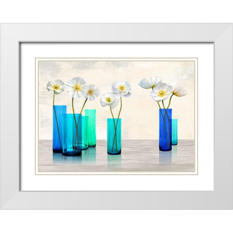 Poppies in crystal vases (Aqua palette) White Modern Wood Framed Art Print with Double Matting by Cynthia, Ann