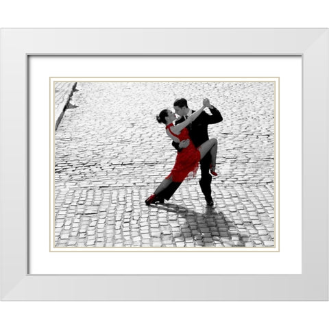 Couple dancing Tango on cobblestone road White Modern Wood Framed Art Print with Double Matting by Anonymous