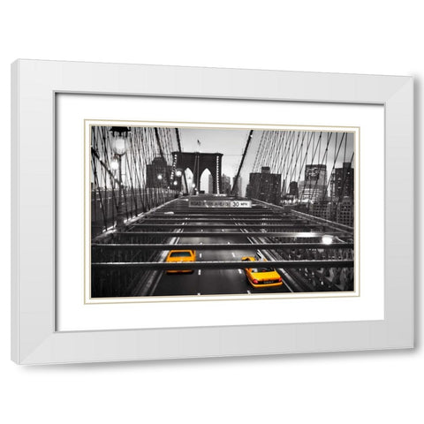 Taxi on Brooklyn Bridge, NYC White Modern Wood Framed Art Print with Double Matting by Anonymous
