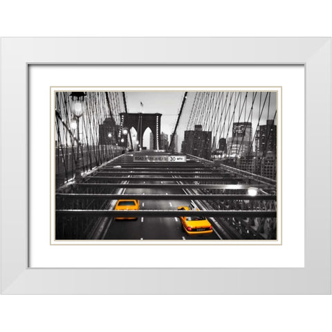 Taxi on Brooklyn Bridge, NYC White Modern Wood Framed Art Print with Double Matting by Anonymous