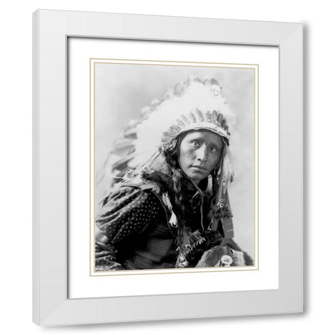 Indian wearing White War Bonnet- 1900 White Modern Wood Framed Art Print with Double Matting by Anonymous