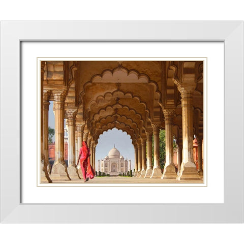 Woman in traditional Sari walking towards Taj Mahal White Modern Wood Framed Art Print with Double Matting by Pangea Images