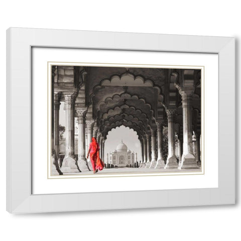Woman in traditional Sari walking towards Taj Mahal White Modern Wood Framed Art Print with Double Matting by Pangea Images