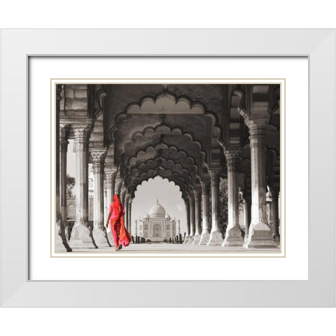 Woman in traditional Sari walking towards Taj Mahal White Modern Wood Framed Art Print with Double Matting by Pangea Images