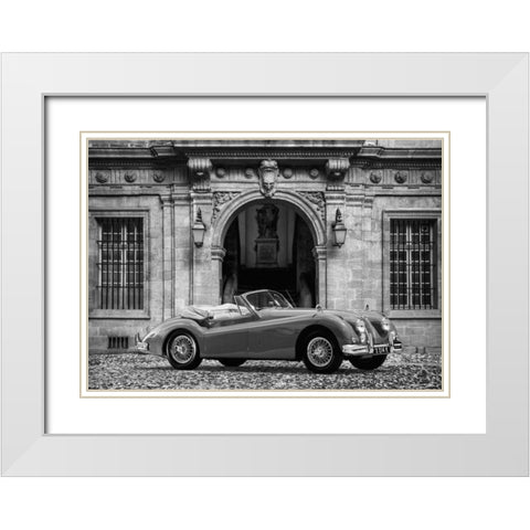 Luxury Car in front of Classic Palace (BW) White Modern Wood Framed Art Print with Double Matting by Gasoline Images