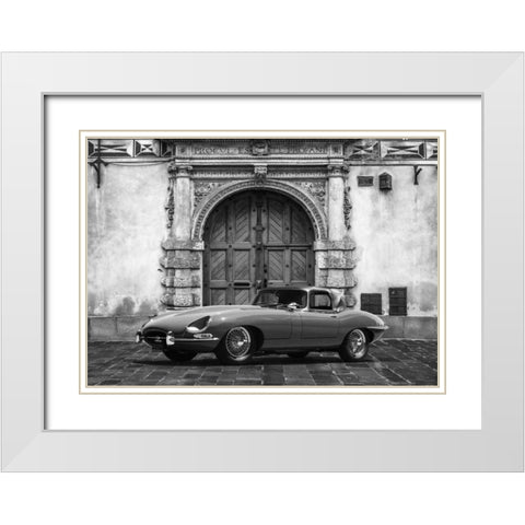 Roadster in front of Classic Palace (BW) White Modern Wood Framed Art Print with Double Matting by Gasoline Images