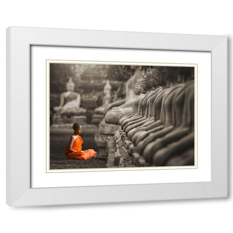 Young Buddhist Monk praying, Thailand (BW) White Modern Wood Framed Art Print with Double Matting by Pangea Images