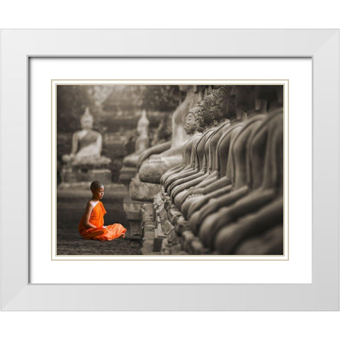 Young Buddhist Monk praying, Thailand (BW) White Modern Wood Framed Art Print with Double Matting by Pangea Images