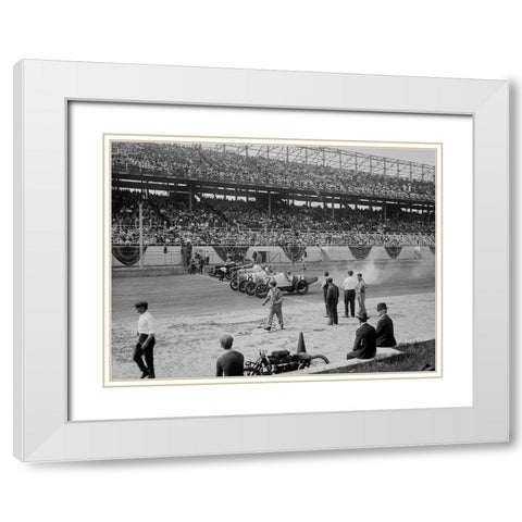 Cars at the start line of the Sheepshead Bay Race Track, New York, 1918 White Modern Wood Framed Art Print with Double Matting by Anonymous