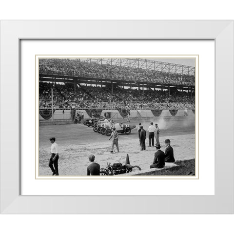 Cars at the start line of the Sheepshead Bay Race Track, New York, 1918 White Modern Wood Framed Art Print with Double Matting by Anonymous