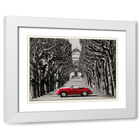 Roadster in tree lined road, Paris White Modern Wood Framed Art Print with Double Matting by Gasoline Images