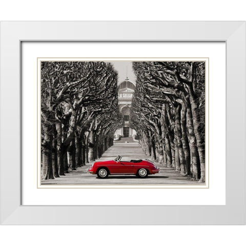 Roadster in tree lined road, Paris White Modern Wood Framed Art Print with Double Matting by Gasoline Images