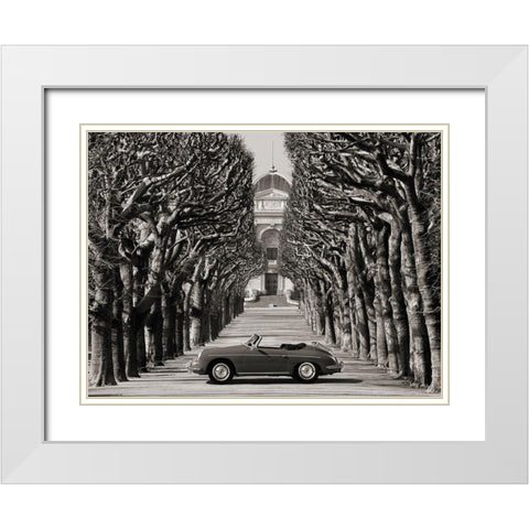 Roadster in tree lined road, Paris (BW) White Modern Wood Framed Art Print with Double Matting by Gasoline Images