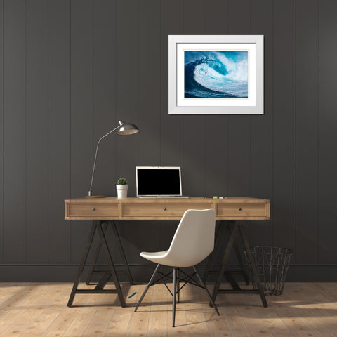 Surfing the big wave, Tasmania White Modern Wood Framed Art Print with Double Matting by Pangea Images