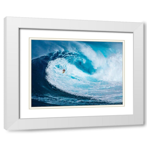 Surfing the big wave, Tasmania White Modern Wood Framed Art Print with Double Matting by Pangea Images