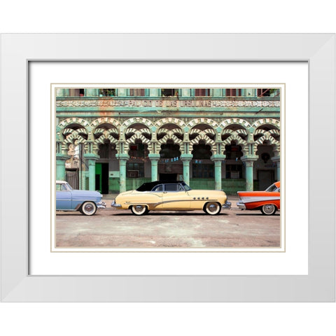 Cars parked in Havana, Cuba White Modern Wood Framed Art Print with Double Matting by Pangea Images