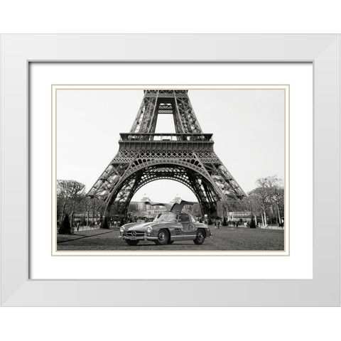 Roadster under the Eiffel Tower - BW White Modern Wood Framed Art Print with Double Matting by Gasoline Images