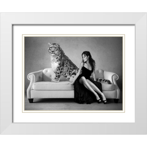 Snow Leopard and Lady, Paris White Modern Wood Framed Art Print with Double Matting by Lauren, Julian