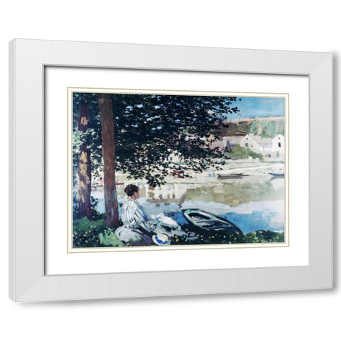 On the Seine at Bennecourt White Modern Wood Framed Art Print with Double Matting by Monet, Claude