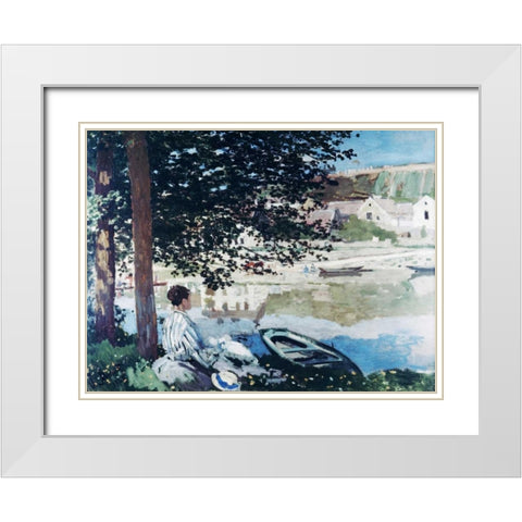 On the Seine at Bennecourt White Modern Wood Framed Art Print with Double Matting by Monet, Claude