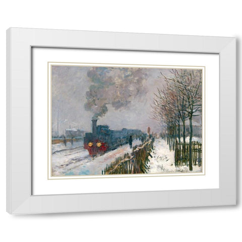 Le train dans la neige White Modern Wood Framed Art Print with Double Matting by Monet, Claude