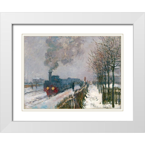 Le train dans la neige White Modern Wood Framed Art Print with Double Matting by Monet, Claude