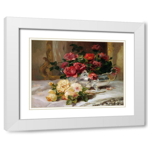 Roses on a Dressing Table White Modern Wood Framed Art Print with Double Matting by Cauchois, Eugene Henri
