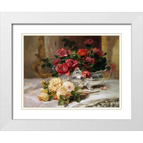 Roses on a Dressing Table White Modern Wood Framed Art Print with Double Matting by Cauchois, Eugene Henri