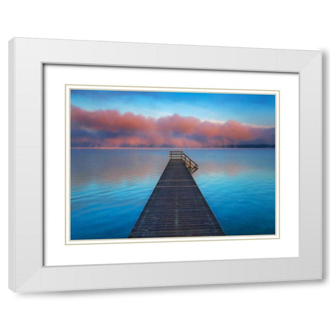 Boat ramp and fog bench, Bavaria, Germany White Modern Wood Framed Art Print with Double Matting by Krahmer, Frank